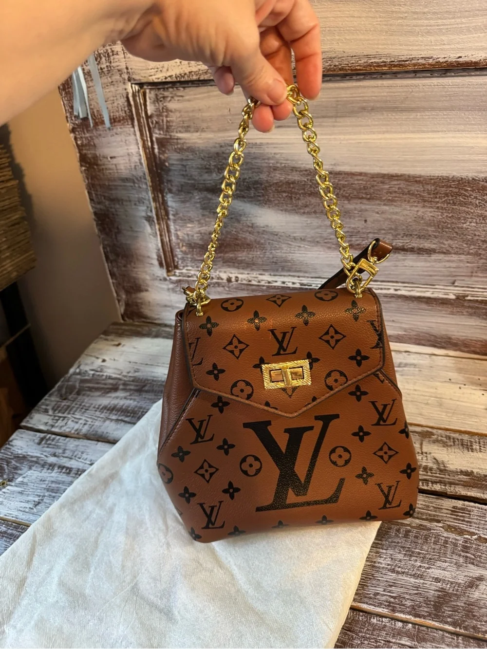 Brown Monogram Crossbody Bag with Gold Chain